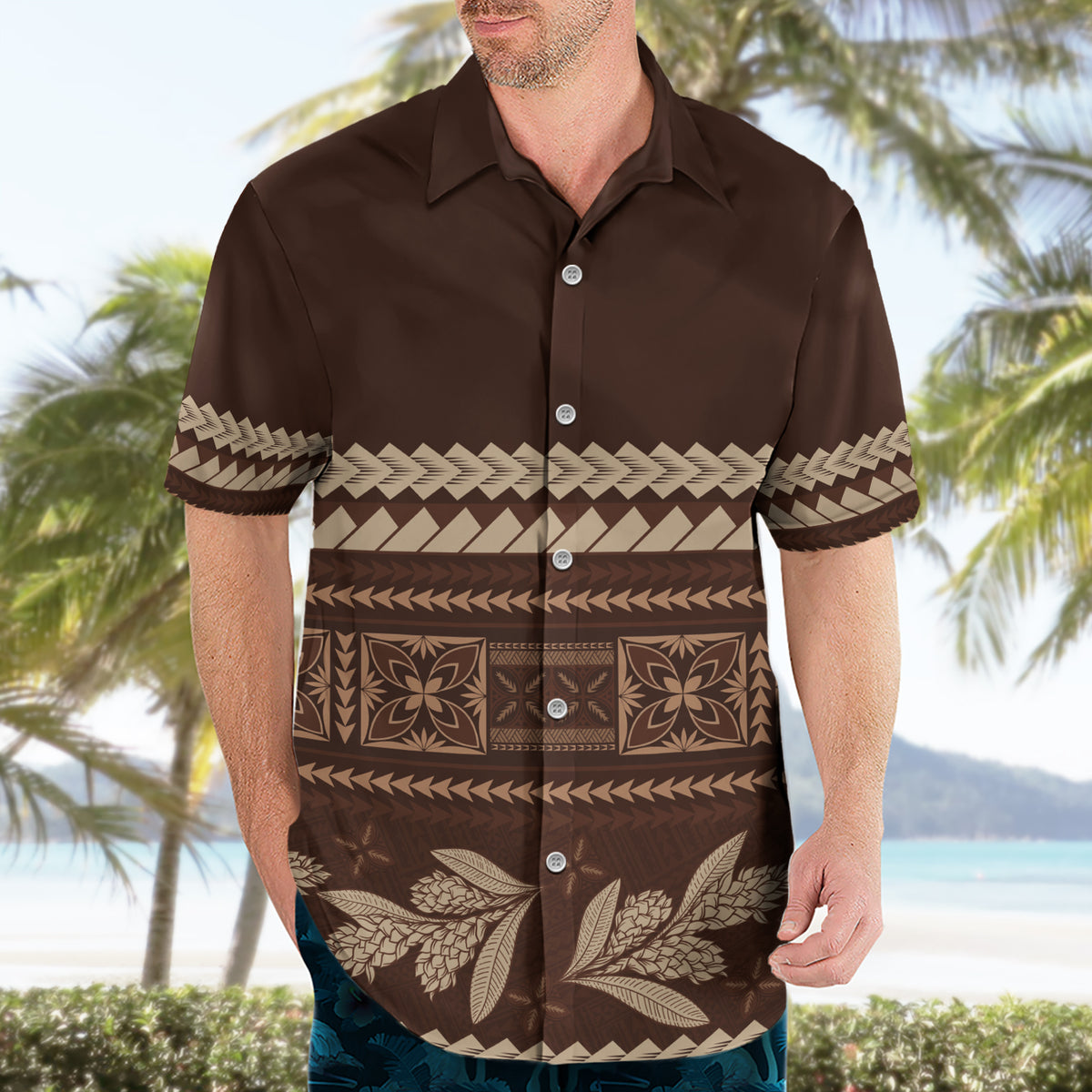 Brown Samoa Siapo Teuila Flowers Hawaiian Shirt