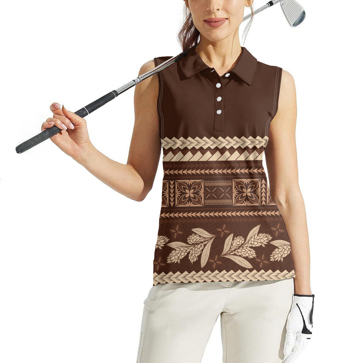 Brown Samoa Siapo Teuila Flowers Women Sleeveless Polo Shirt