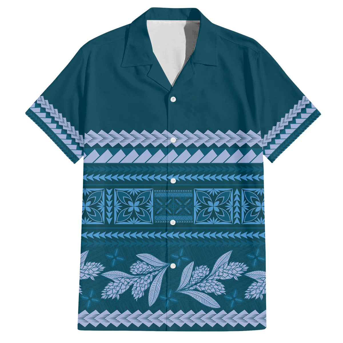 Dark Cyan Samoa Siapo Teuila Flowers Family Matching Off Shoulder Short Dress and Hawaiian Shirt
