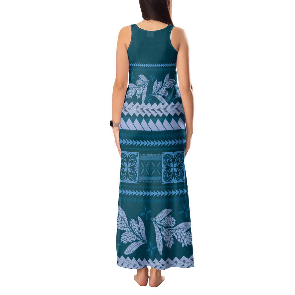 Dark Cyan Samoa Siapo Teuila Flowers Tank Maxi Dress