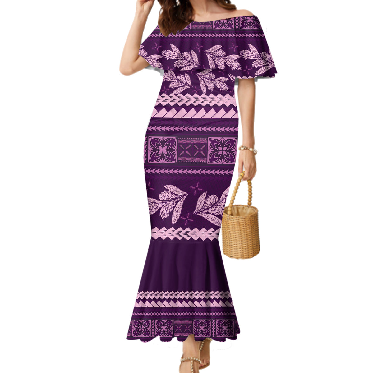 Purple Samoa Siapo Teuila Flowers Family Matching Mermaid Dress and Hawaiian Shirt