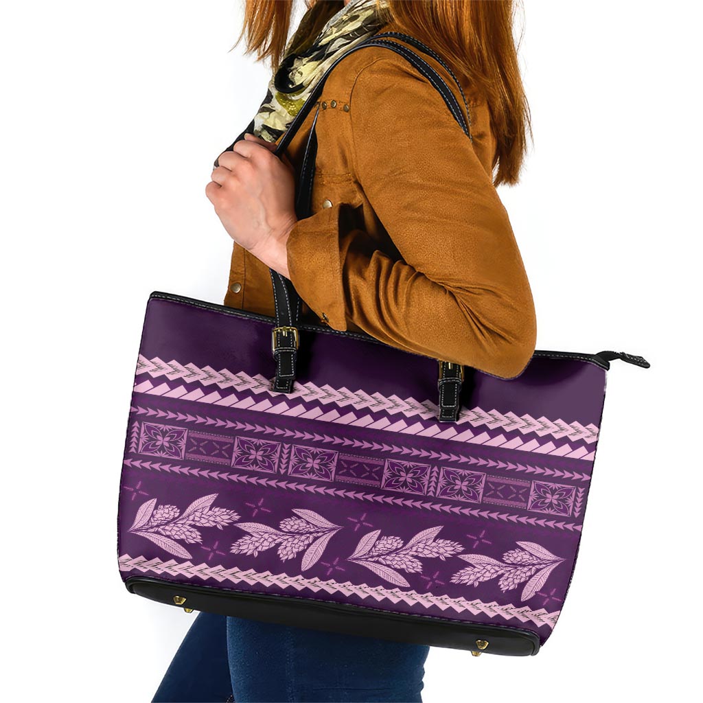 Purple Samoa Siapo Teuila Flowers Leather Tote Bag