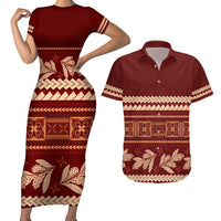 Red Samoa Siapo Teuila Flowers Couples Matching Short Sleeve Bodycon Dress and Hawaiian Shirt