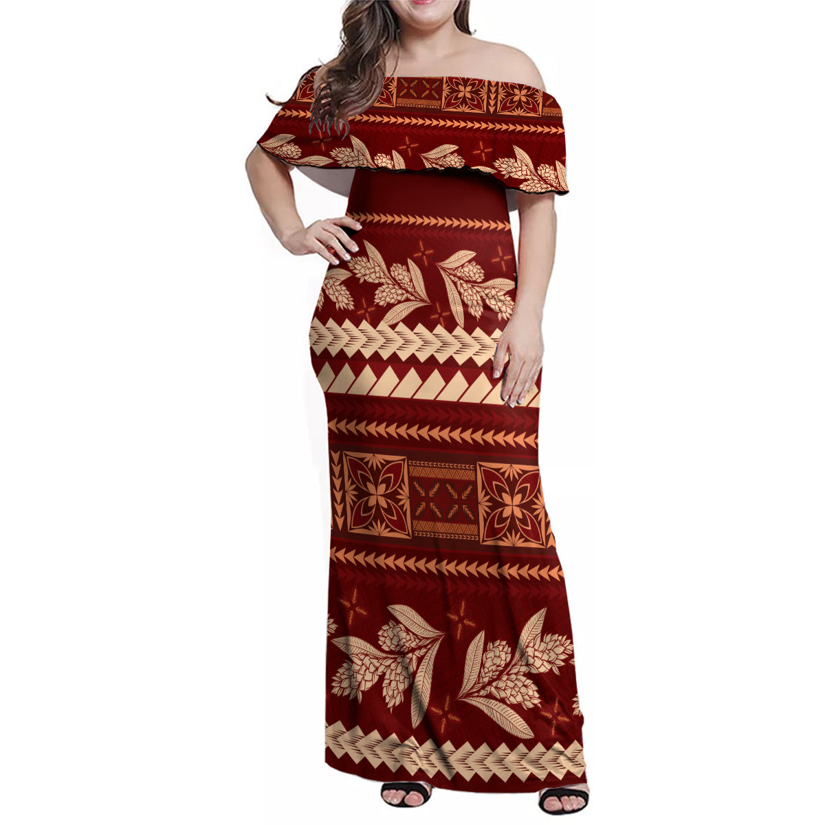 Red Samoa Siapo Teuila Flowers Family Matching Off Shoulder Maxi Dress and Hawaiian Shirt
