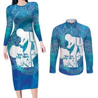 Turquoise Polynesia Father's Day Couples Matching Long Sleeve Bodycon Dress and Long Sleeve Button Shirt Dad You Are My Hero