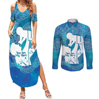 Turquoise Polynesia Father's Day Couples Matching Summer Maxi Dress and Long Sleeve Button Shirt Dad You Are My Hero