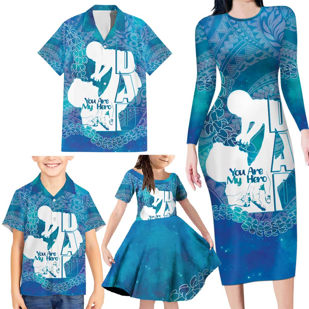 Turquoise Polynesia Father's Day Family Matching Long Sleeve Bodycon Dress and Hawaiian Shirt Dad You Are My Hero LT14 - Polynesian Pride