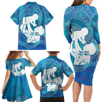 Turquoise Polynesia Father's Day Family Matching Long Sleeve Bodycon Dress and Hawaiian Shirt Dad You Are My Hero LT14 - Polynesian Pride