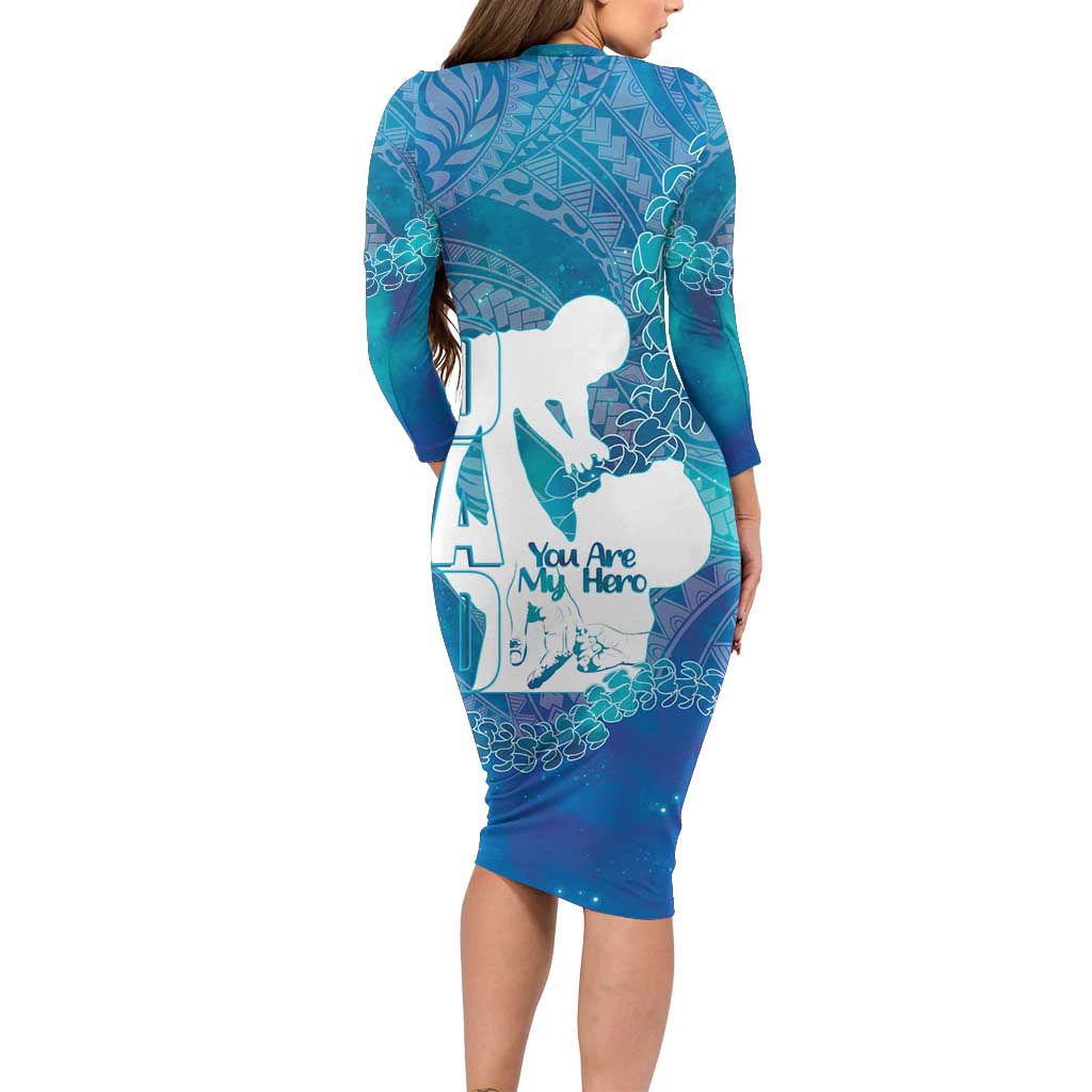Turquoise Polynesia Father's Day Family Matching Long Sleeve Bodycon Dress and Hawaiian Shirt Dad You Are My Hero LT14 - Polynesian Pride