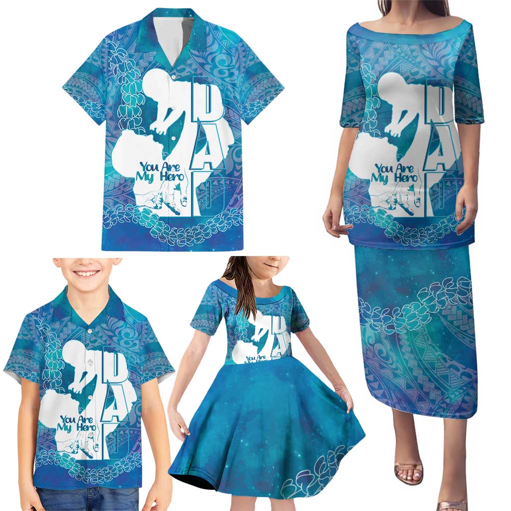Turquoise Polynesia Father's Day Family Matching Puletasi and Hawaiian Shirt Dad You Are My Hero