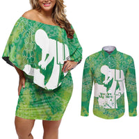 Green Polynesia Father's Day Couples Matching Off Shoulder Short Dress and Long Sleeve Button Shirt Dad You Are My Hero