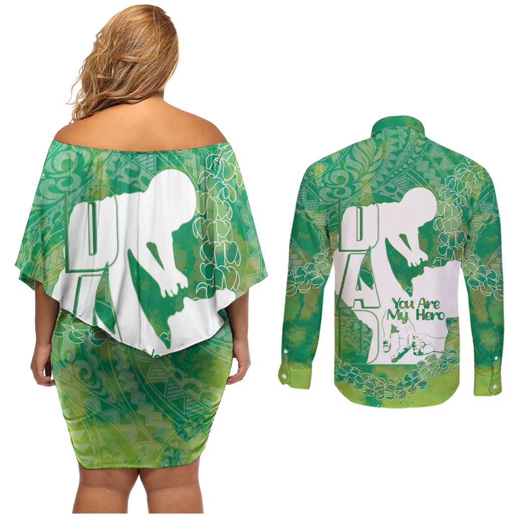 Green Polynesia Father's Day Couples Matching Off Shoulder Short Dress and Long Sleeve Button Shirt Dad You Are My Hero