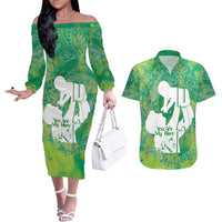 Green Polynesia Father's Day Couples Matching Off The Shoulder Long Sleeve Dress and Hawaiian Shirt Dad You Are My Hero