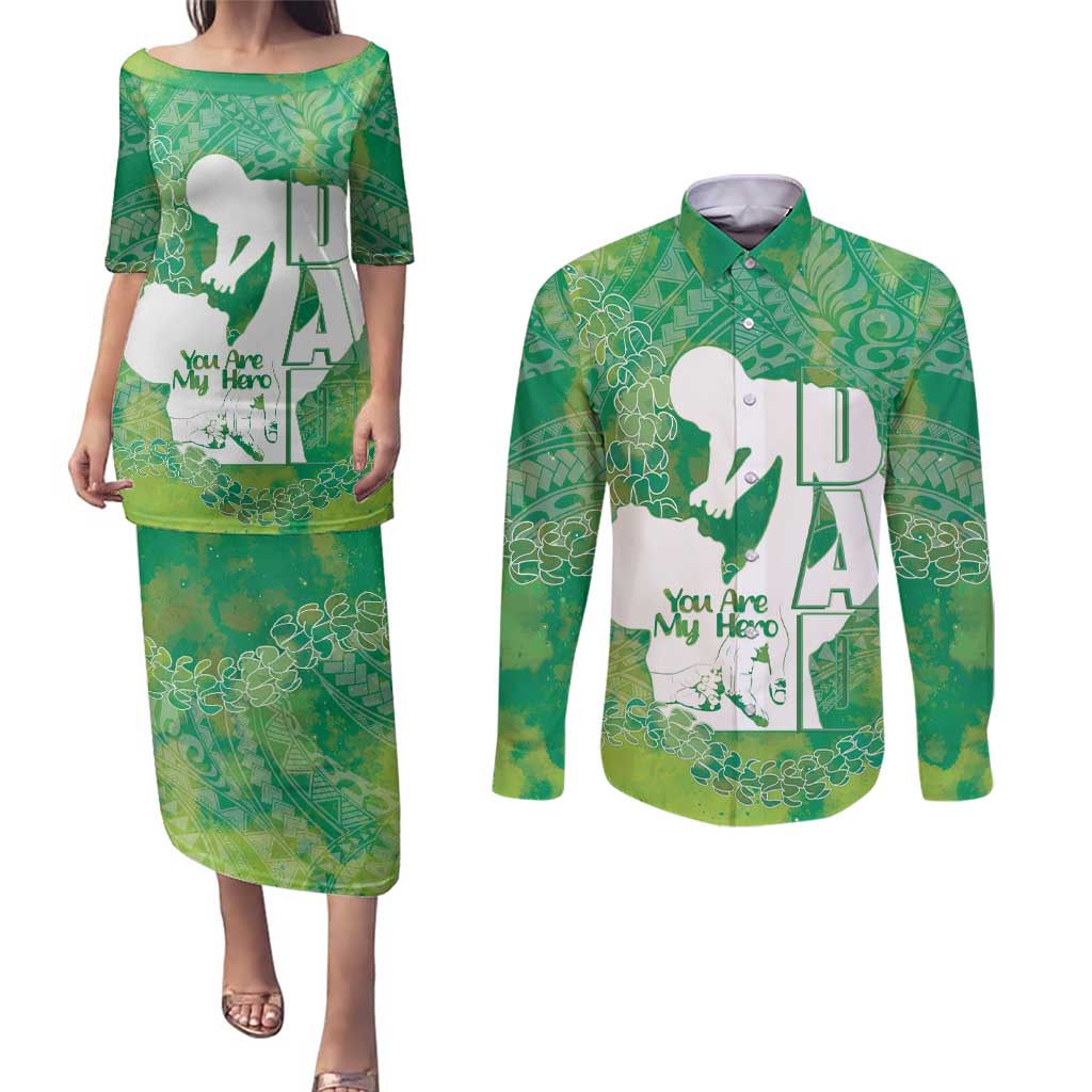 Green Polynesia Father's Day Couples Matching Puletasi and Long Sleeve Button Shirt Dad You Are My Hero
