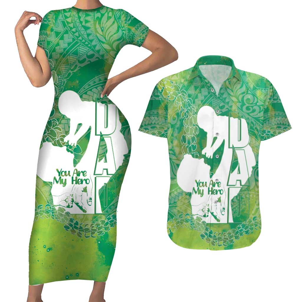 Green Polynesia Father's Day Couples Matching Short Sleeve Bodycon Dress and Hawaiian Shirt Dad You Are My Hero LT14 Green - Polynesian Pride
