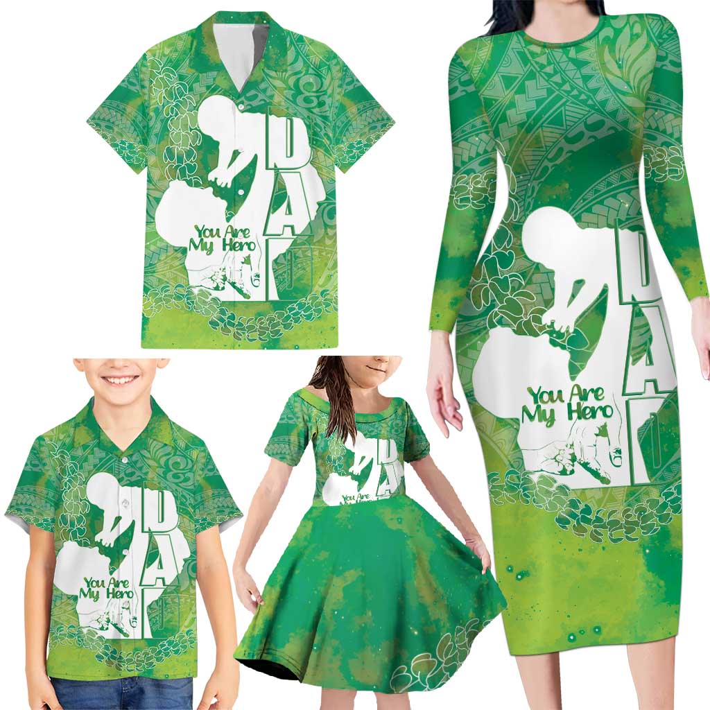 Green Polynesia Father's Day Family Matching Long Sleeve Bodycon Dress and Hawaiian Shirt Dad You Are My Hero LT14 - Polynesian Pride