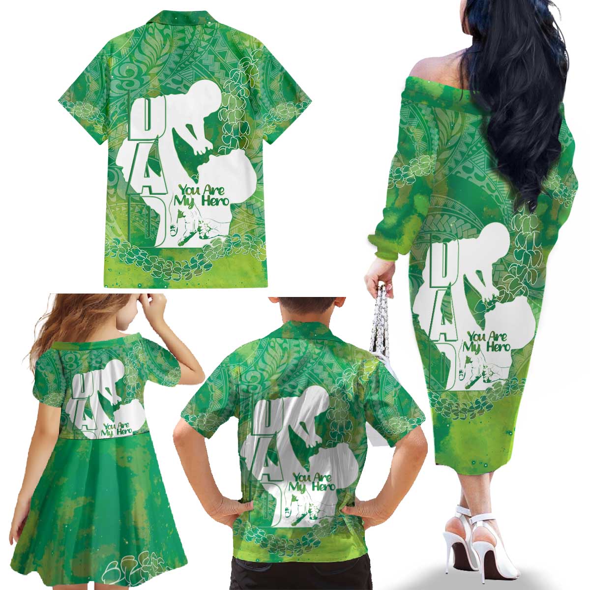 Green Polynesia Father's Day Family Matching Off The Shoulder Long Sleeve Dress and Hawaiian Shirt Dad You Are My Hero