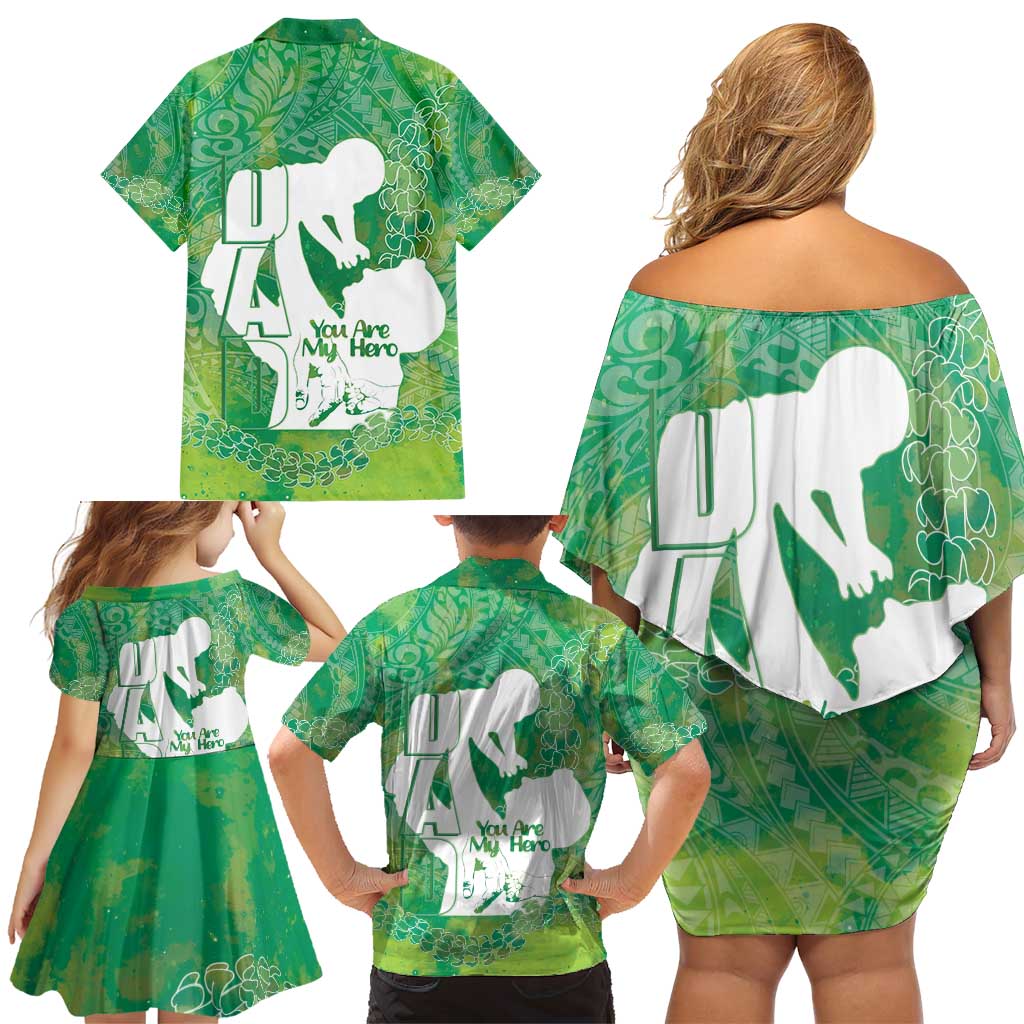 Green Polynesia Father's Day Family Matching Off Shoulder Short Dress and Hawaiian Shirt Dad You Are My Hero LT14 - Polynesian Pride