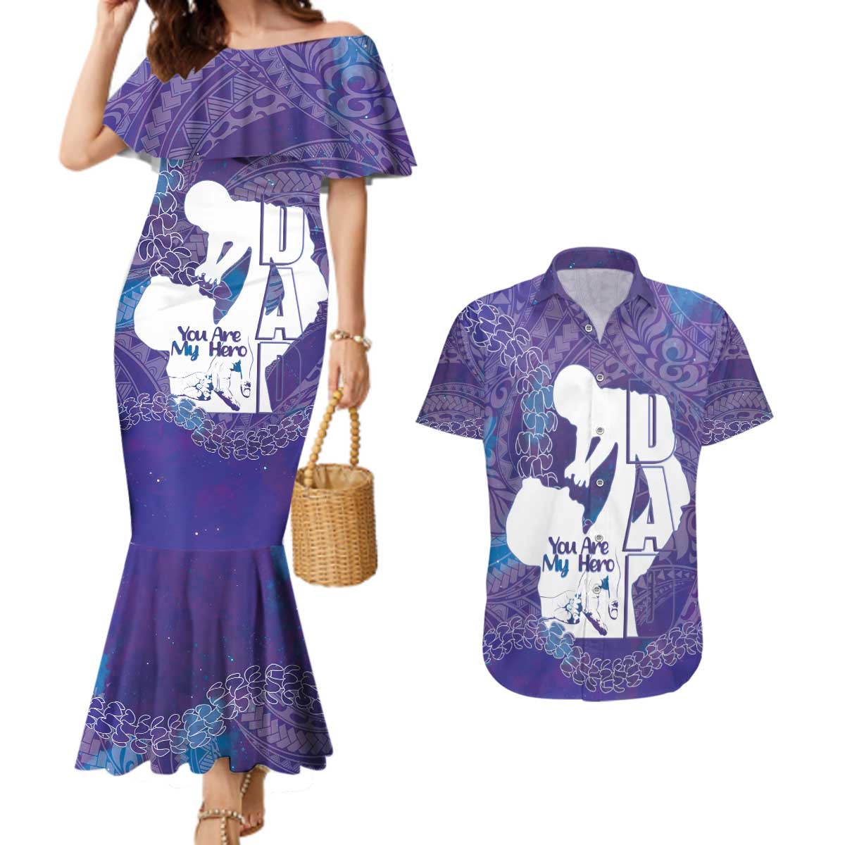 Purple Polynesia Father's Day Couples Matching Mermaid Dress and Hawaiian Shirt Dad You Are My Hero LT14 Purple - Polynesian Pride