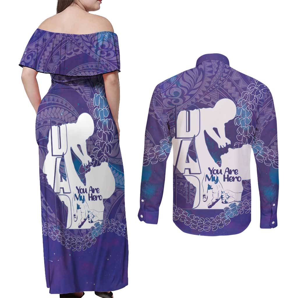 Purple Polynesia Father's Day Couples Matching Off Shoulder Maxi Dress and Long Sleeve Button Shirt Dad You Are My Hero