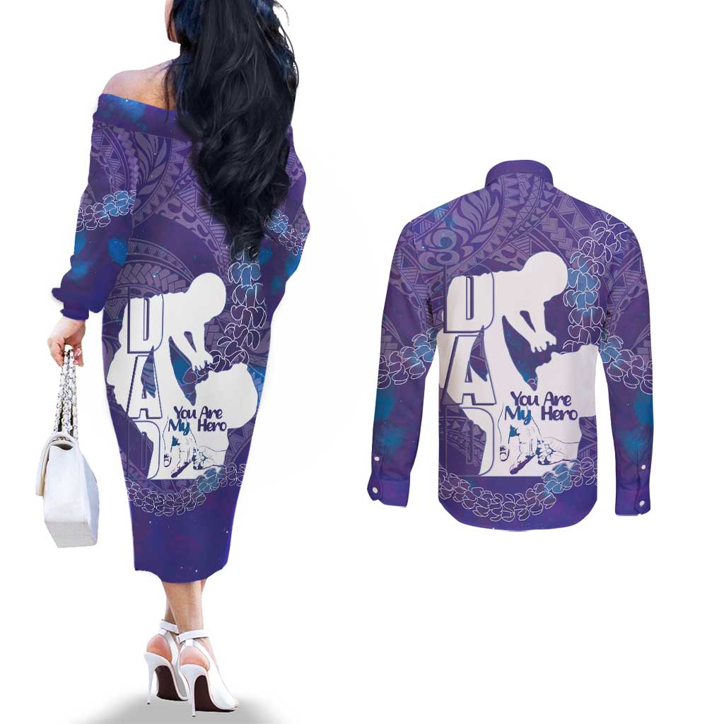 Purple Polynesia Father's Day Couples Matching Off The Shoulder Long Sleeve Dress and Long Sleeve Button Shirt Dad You Are My Hero