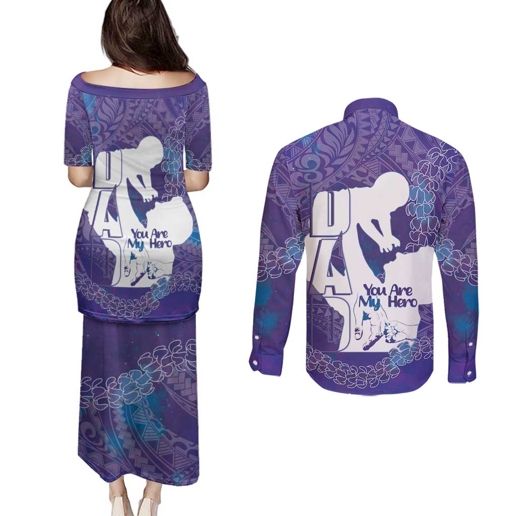 Purple Polynesia Father's Day Couples Matching Puletasi and Long Sleeve Button Shirt Dad You Are My Hero