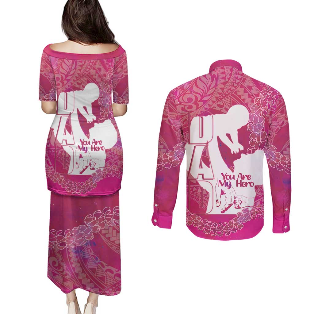 Pink Polynesia Father's Day Couples Matching Puletasi and Long Sleeve Button Shirt Dad You Are My Hero
