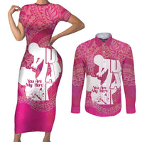 Pink Polynesia Father's Day Couples Matching Short Sleeve Bodycon Dress and Long Sleeve Button Shirt Dad You Are My Hero