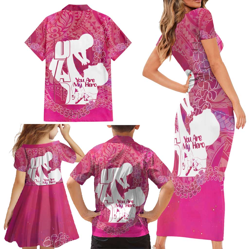 Pink Polynesia Father's Day Family Matching Short Sleeve Bodycon Dress and Hawaiian Shirt Dad You Are My Hero LT14 - Polynesian Pride