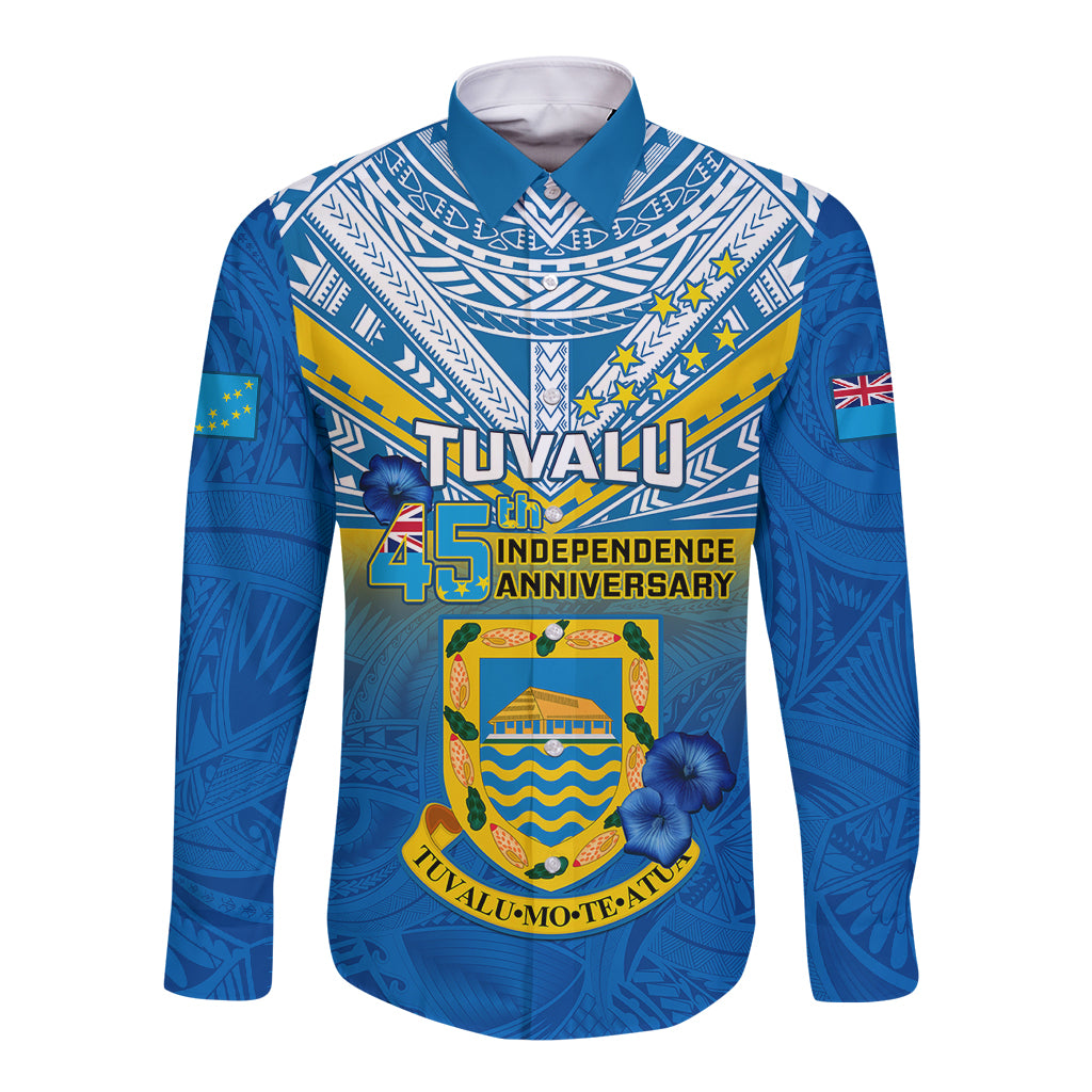 Tuvalu Independence Day Long Sleeve Button Shirt Tuvaluan Proud 45th Anniversary Polynesian Pattern LT14 Unisex Blue - Polynesian Pride