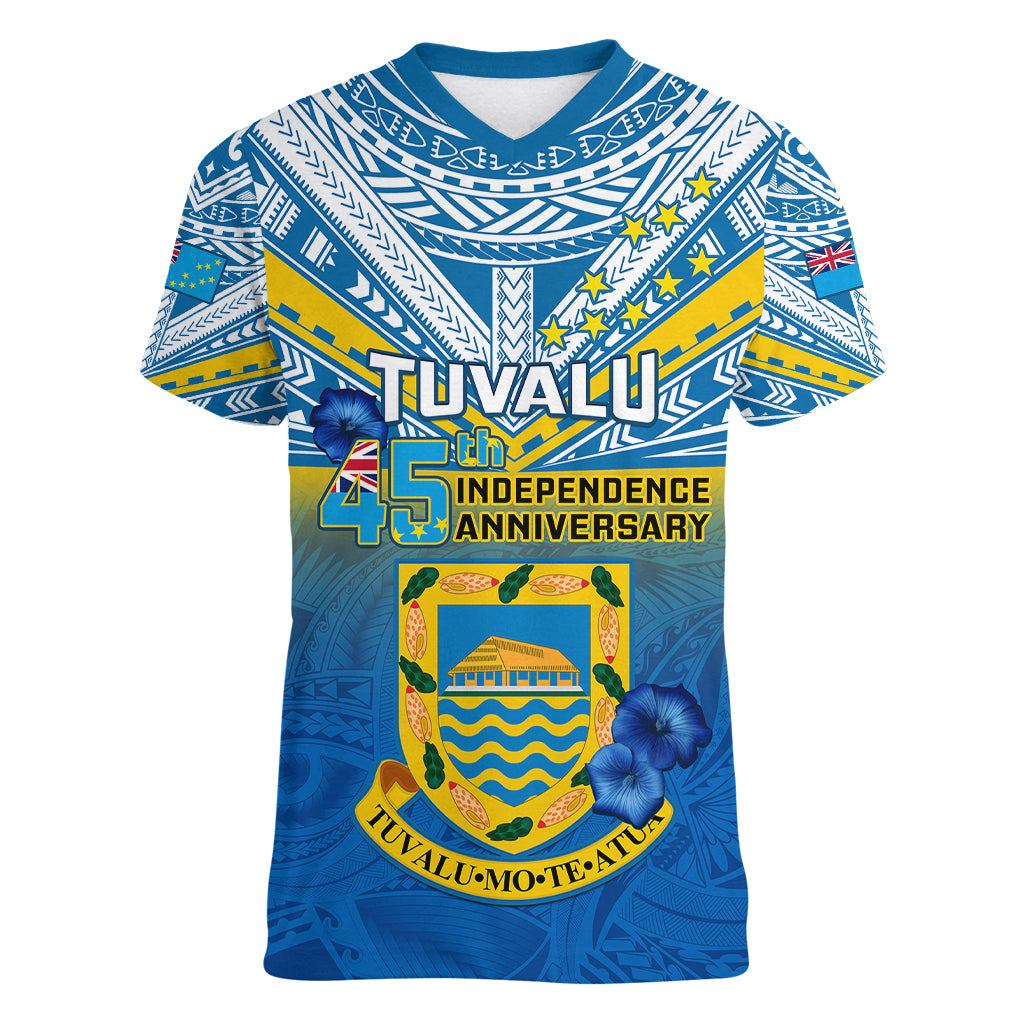 Tuvalu Independence Day Women V Neck T Shirt Tuvaluan Proud 45th Anniversary Polynesian Pattern LT14 Female Blue - Polynesian Pride