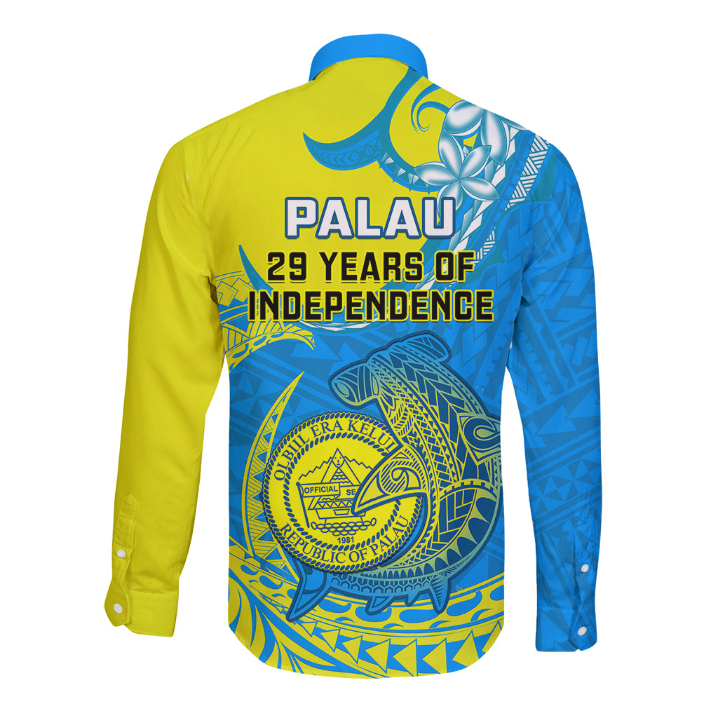 Palau Independence Day Long Sleeve Button Shirt Happy 29th Anniversary Polynesian Hammerhead Shark LT14 - Polynesian Pride
