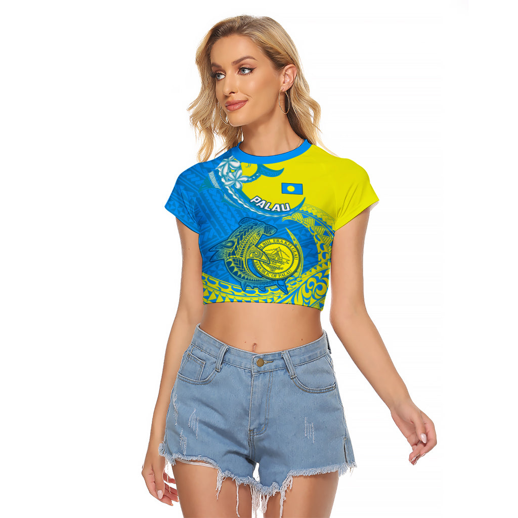 Personalised Palau Independence Day Raglan Cropped T Shirt Happy 29th Anniversary Polynesian Hammerhead Shark LT14 Female Blue - Polynesian Pride