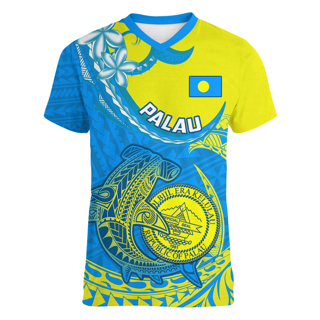 Personalised Palau Independence Day Women V Neck T Shirt Happy 29th Anniversary Polynesian Hammerhead Shark LT14 Female Blue - Polynesian Pride