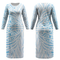 Blue New Zealand Puhoro Maori Tattoo Couples Matching Long Sleeve Bodycon Dress and Hawaiian Shirt LT14 - Polynesian Pride