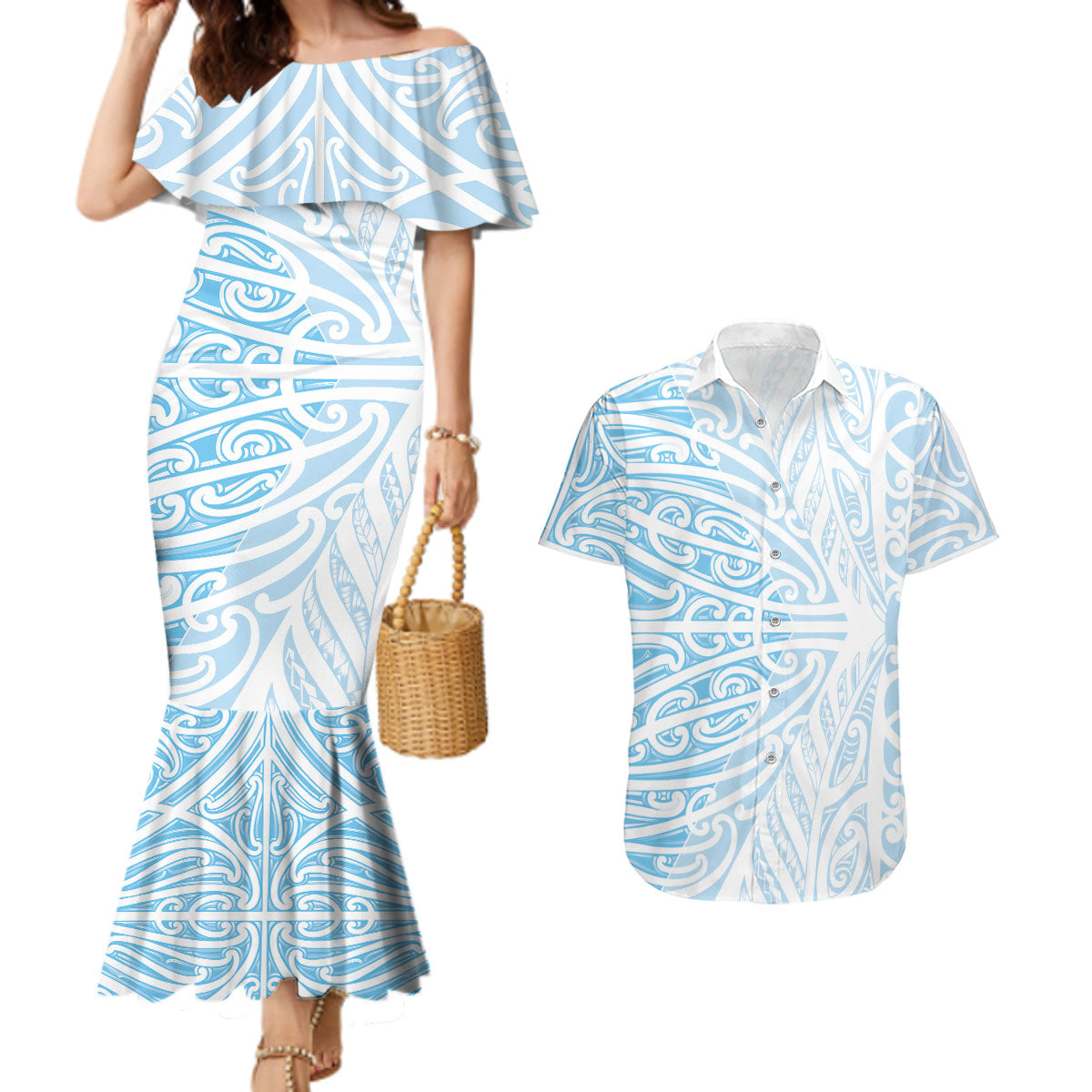 Blue New Zealand Puhoro Maori Tattoo Couples Matching Mermaid Dress and Hawaiian Shirt LT14 Blue - Polynesian Pride