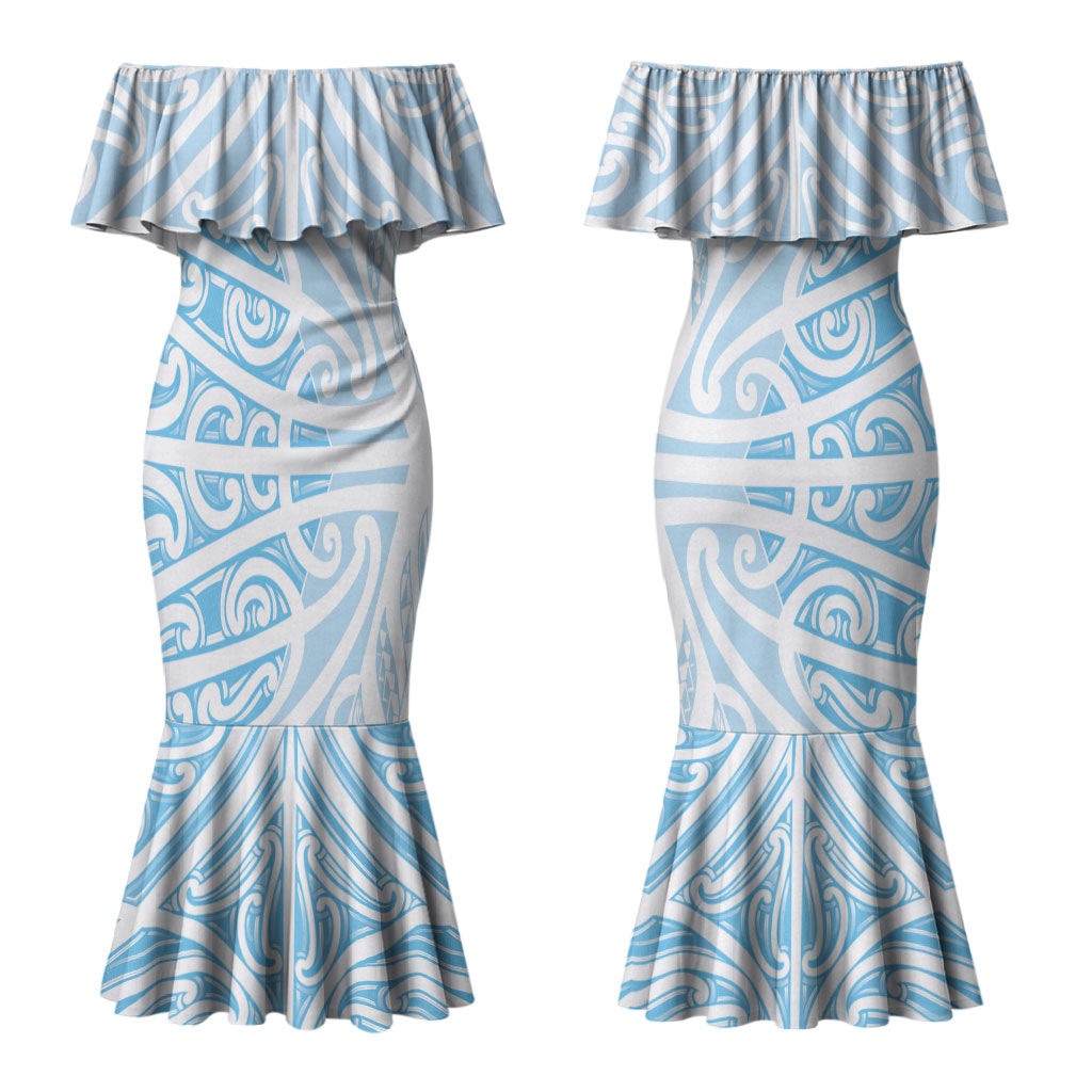 Blue New Zealand Puhoro Maori Tattoo Couples Matching Mermaid Dress and Hawaiian Shirt LT14 - Polynesian Pride