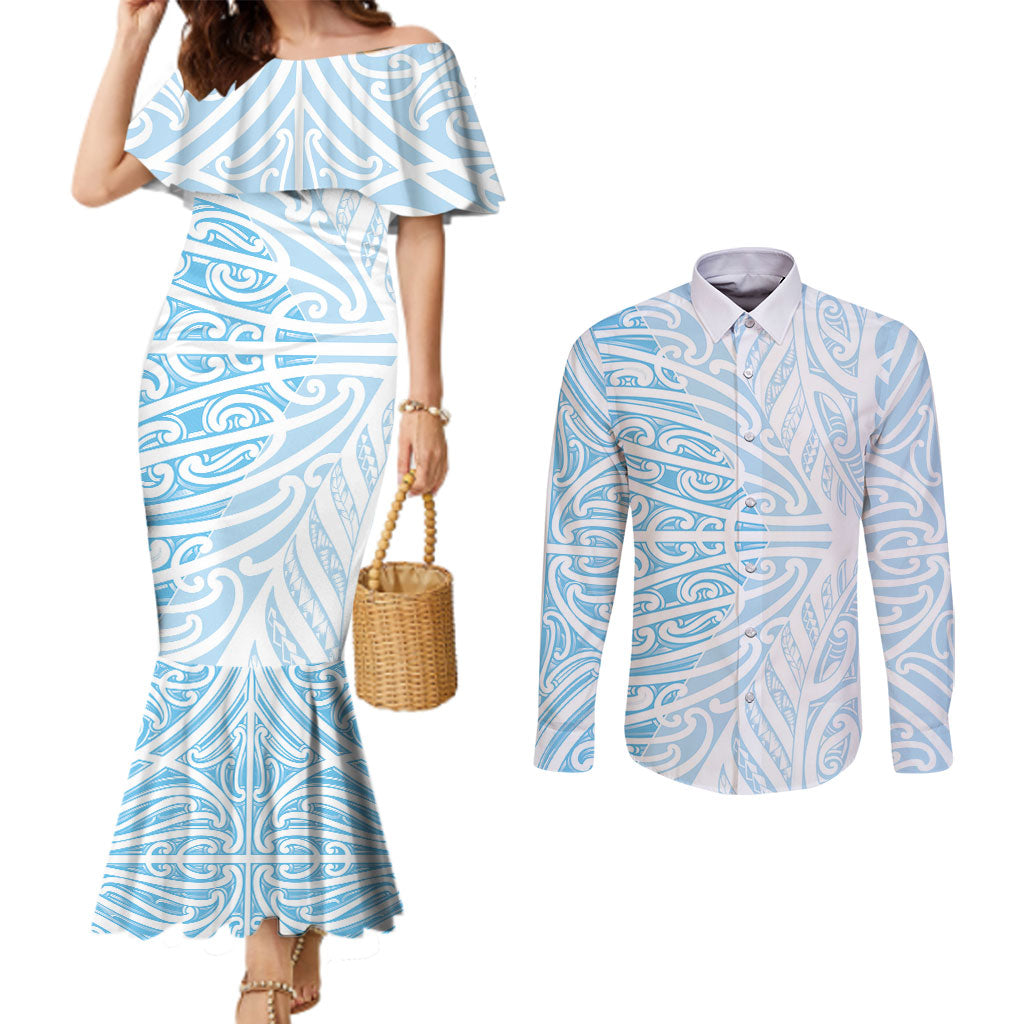 Blue New Zealand Puhoro Maori Tattoo Couples Matching Mermaid Dress and Long Sleeve Button Shirt LT14 Blue - Polynesian Pride