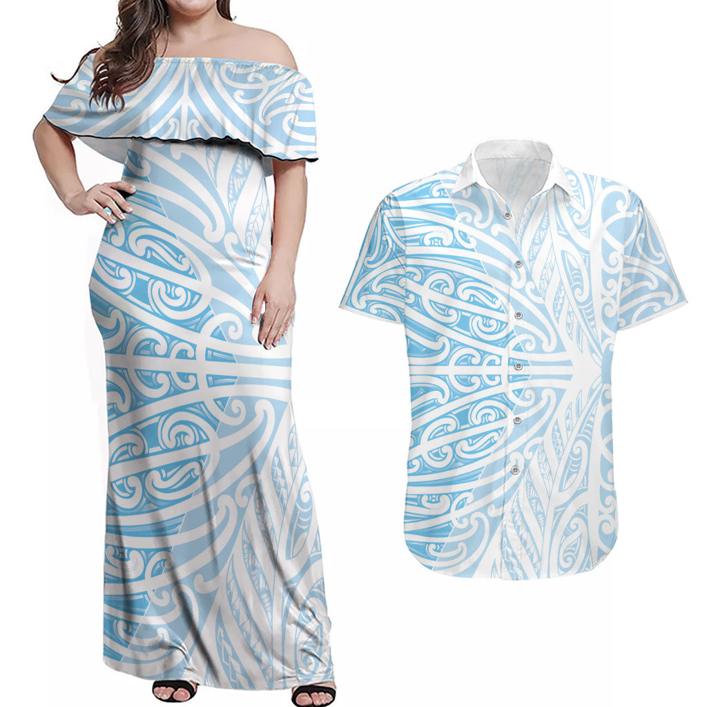 Blue New Zealand Puhoro Maori Tattoo Couples Matching Off Shoulder Maxi Dress and Hawaiian Shirt LT14 Blue - Polynesian Pride