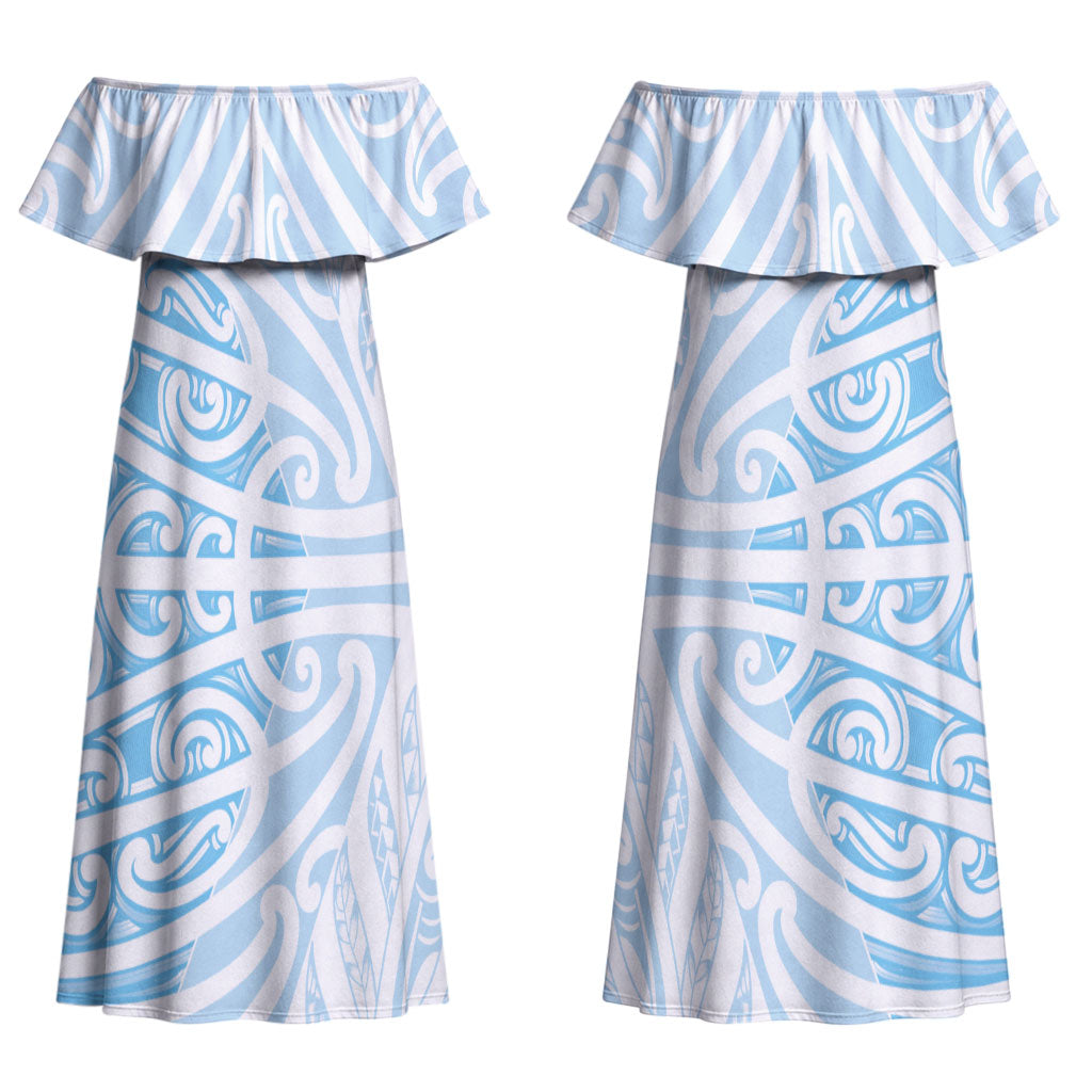 Blue New Zealand Puhoro Maori Tattoo Couples Matching Off Shoulder Maxi Dress and Hawaiian Shirt LT14 - Polynesian Pride
