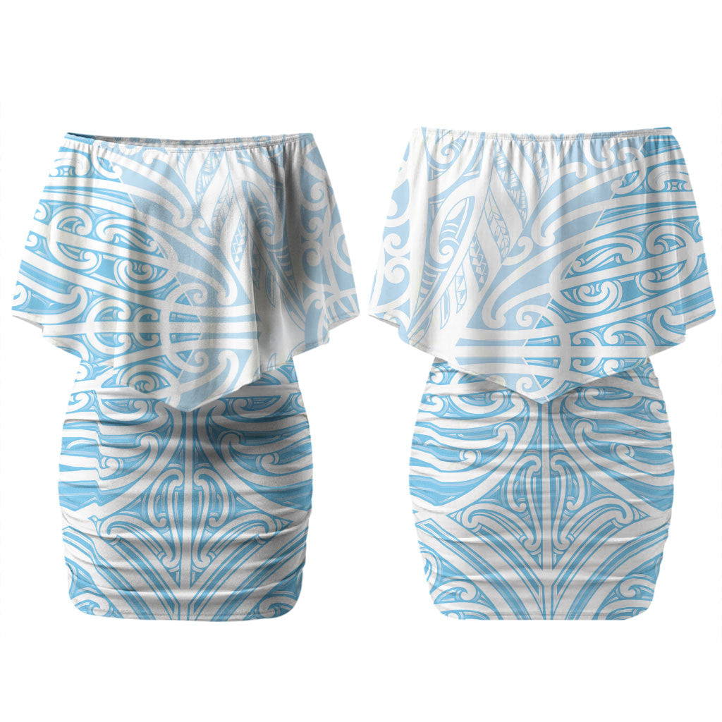 Blue New Zealand Puhoro Maori Tattoo Couples Matching Off Shoulder Short Dress and Long Sleeve Button Shirt LT14 - Polynesian Pride