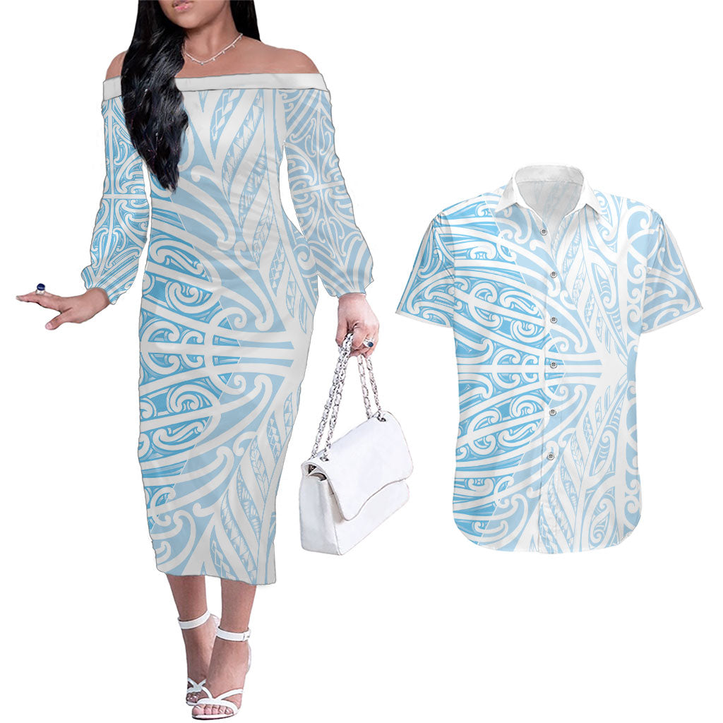 Blue New Zealand Puhoro Maori Tattoo Couples Matching Off The Shoulder Long Sleeve Dress and Hawaiian Shirt LT14 Blue - Polynesian Pride