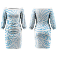 Blue New Zealand Puhoro Maori Tattoo Couples Matching Off The Shoulder Long Sleeve Dress and Hawaiian Shirt LT14 - Polynesian Pride