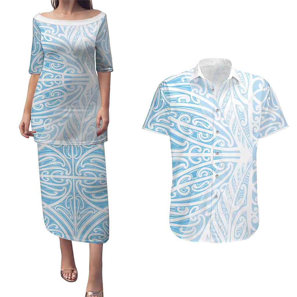 Blue New Zealand Puhoro Maori Tattoo Couples Matching Puletasi and Hawaiian Shirt LT14 Blue - Polynesian Pride