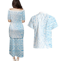 Blue New Zealand Puhoro Maori Tattoo Couples Matching Puletasi and Hawaiian Shirt