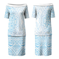 Blue New Zealand Puhoro Maori Tattoo Couples Matching Puletasi and Long Sleeve Button Shirt LT14 - Polynesian Pride