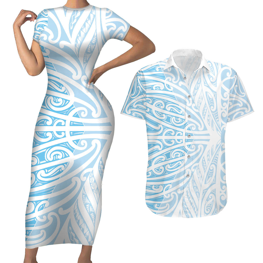 Blue New Zealand Puhoro Maori Tattoo Couples Matching Short Sleeve Bodycon Dress and Hawaiian Shirt LT14 Blue - Polynesian Pride