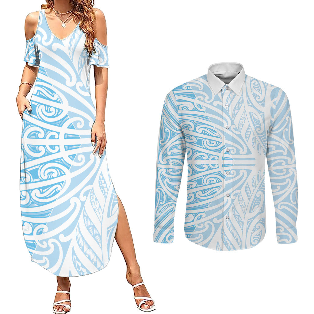 Blue New Zealand Puhoro Maori Tattoo Couples Matching Summer Maxi Dress and Long Sleeve Button Shirt