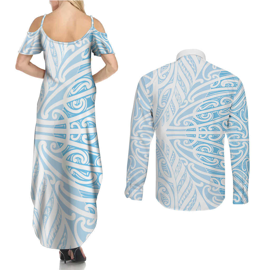 Blue New Zealand Puhoro Maori Tattoo Couples Matching Summer Maxi Dress and Long Sleeve Button Shirt