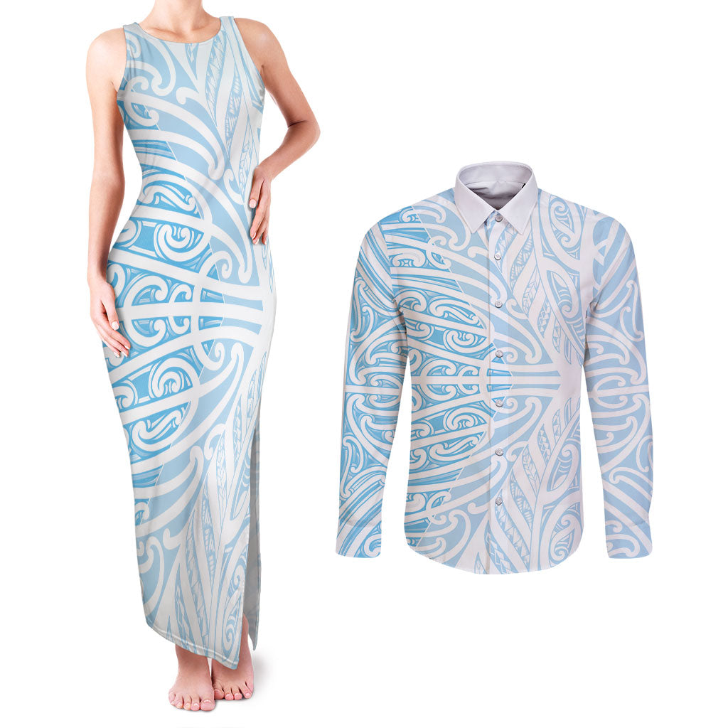 Blue New Zealand Puhoro Maori Tattoo Couples Matching Tank Maxi Dress and Long Sleeve Button Shirt LT14 Blue - Polynesian Pride
